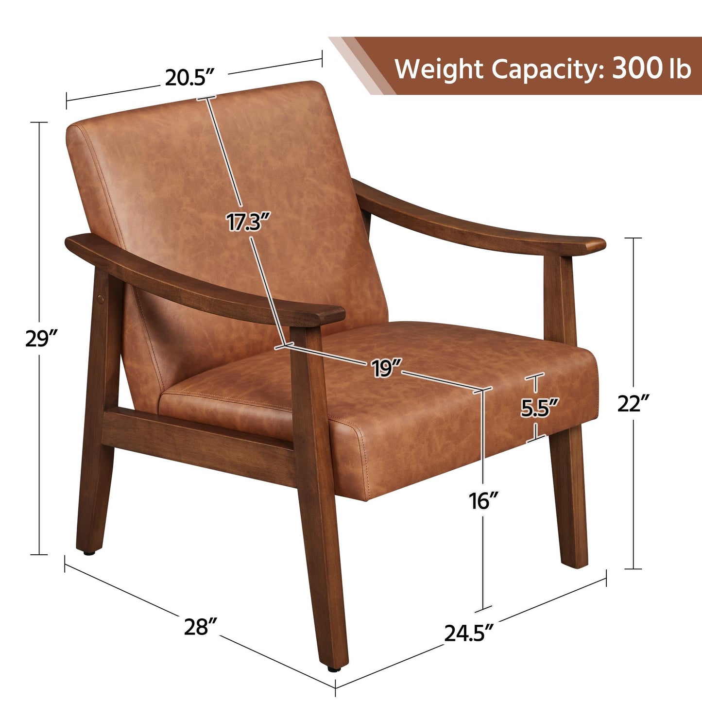 Yaheetech PU Leather Accent Chair, Mid-Century Modern Armchair with Solid Wood Legs, Reading Leisure Chair with High Back for Living Room Bedroom Waiting Room, Brown