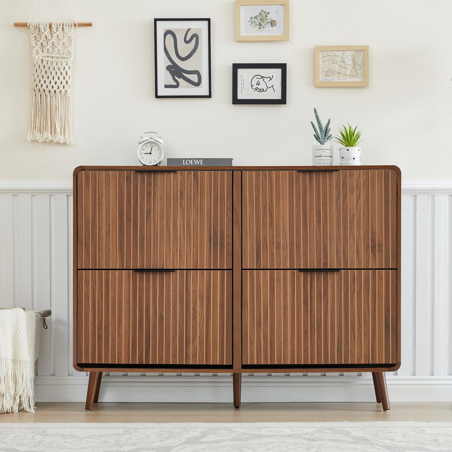 47" Fluted Large Shoe Cabinet with 4 Flip Drawers, Slim Freestanding Shoe Cabinet Organizer, Narrow Shoes Storage Rack for Entryway, 5 Sturdy Legs (Walnut, 9.45" D x 47.24" W x 35.83" H)
