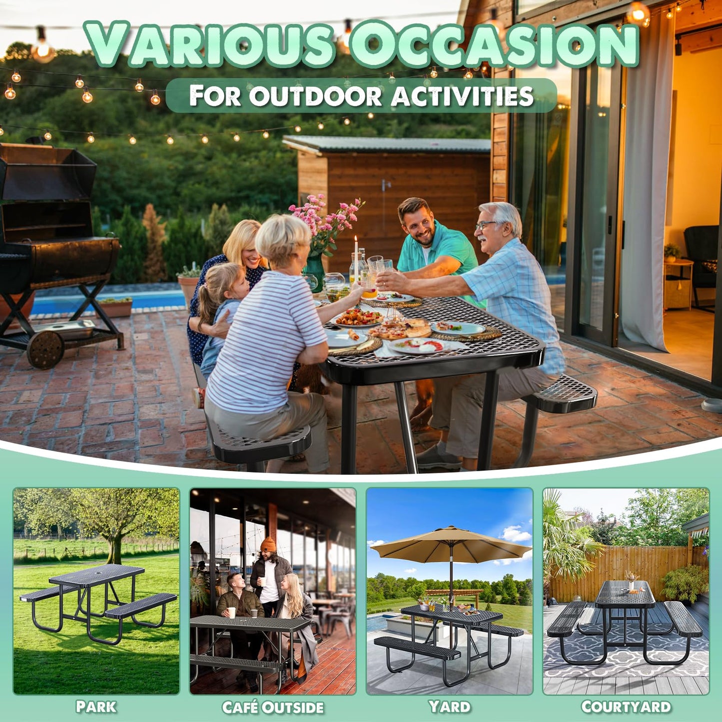 4FT Rectangular Outdoor Picnic Table and 2 Benches Set with Umbrella Hole, Metal Expanded Commercial Steel Heavy Duty Sturdy Picnic Tables Furniture Set for Yard Patio Lawn Party Coffee, Black