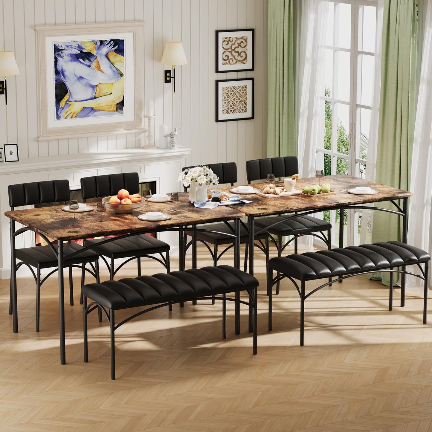 4 EVER WINNER Dining Table Set for 4, Kitchen Table with Upholstered Bench and 2 Chairs, Dining Room Set for Small Space, Apartment, Kitchen, Rustic Brown