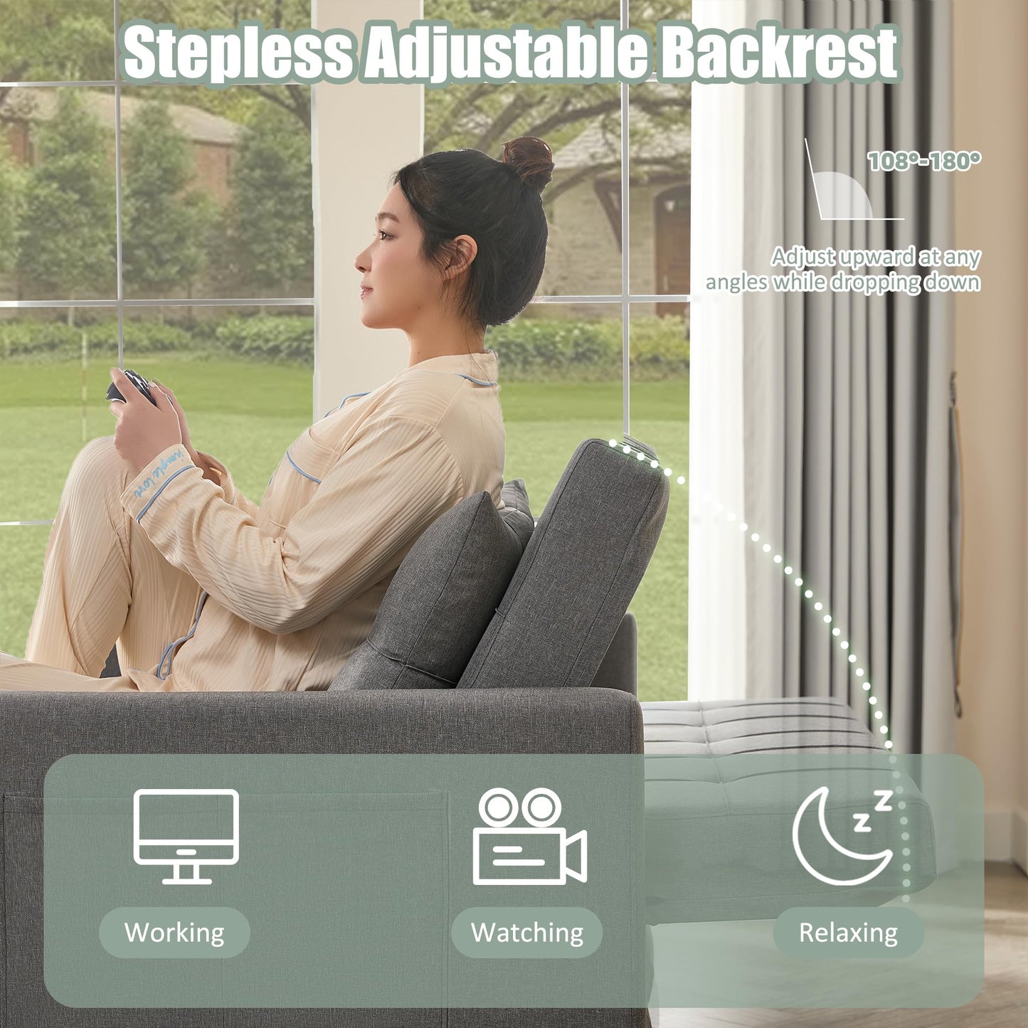 52" Sleeper Sofa with Pull-Out Bed, 3-in-1 Convertible Sofa Bed, Loveseat with Stepless Adjustable Backrest and Side Pocket, for Living Room Dorm Apartment, Linen, Light Gray