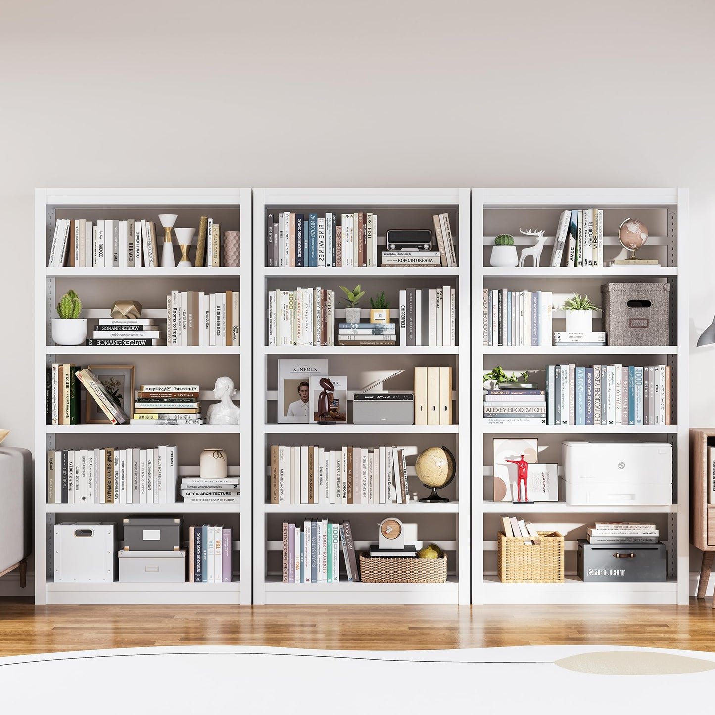 White Bookshelf, Adjustable 5 Tier Bookshelf, 69" H Modern Tall Bookcase, Metal Industrial Bookshelves and Bookcases for Living Rooms, Home Offices, Library, 10 Minutes Assemble