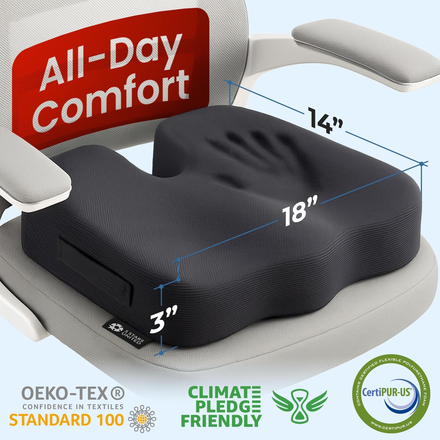 5 STARS UNITED Seat Cushion for Tailbone Pain Relief โ Memory Foam Lifting Pillow for Coccyx, Hip, Hemorrhoid, Sciatica & Post-Surgery Recovery โ Wheelchair, Car, Desk, Gaming & Office Chairs, Black