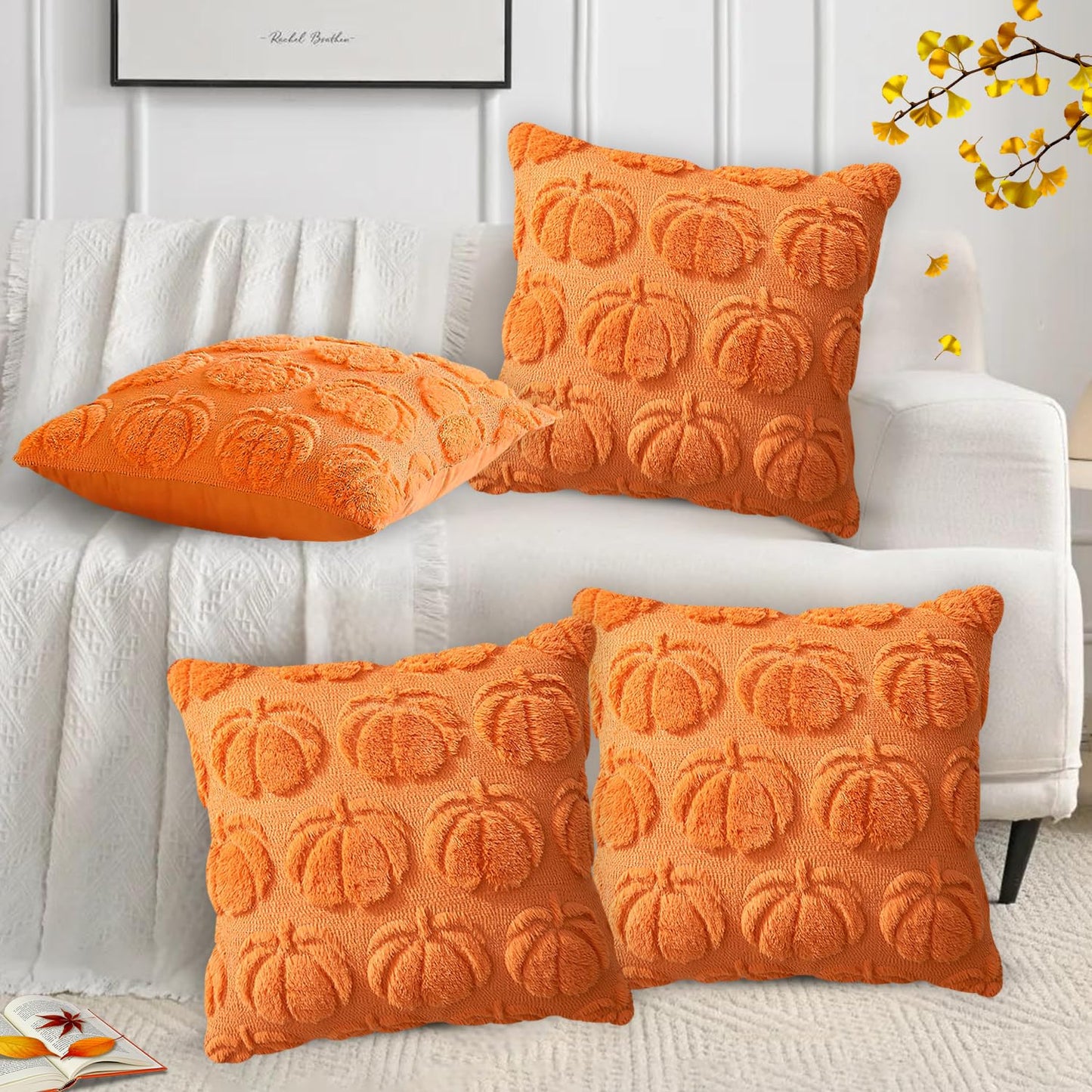 4 Pcs Fall Throw Pillow Covers 18x18, Autumn Decorations Soft Faux Fur Pillow Covers, Fluffy Plush Accent Pillow Cases for Harvest Thanksgiving Cushion Covers Sofa Home Decor(Pumpkin Orange A)