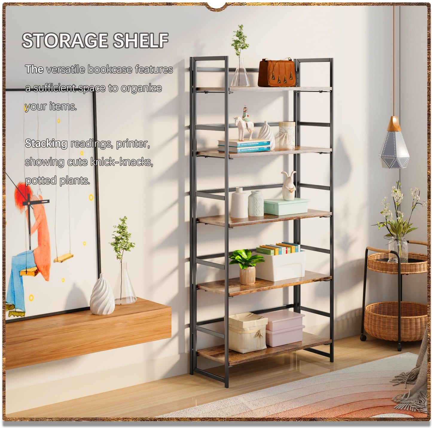 4NM No Assembly 5 Tiers Book Shelves, Black Folding Bookshelf Bookcase Open Industrial Foldable Shelves for Bedroom, Living Room, Home Office - Rustic Brown Black