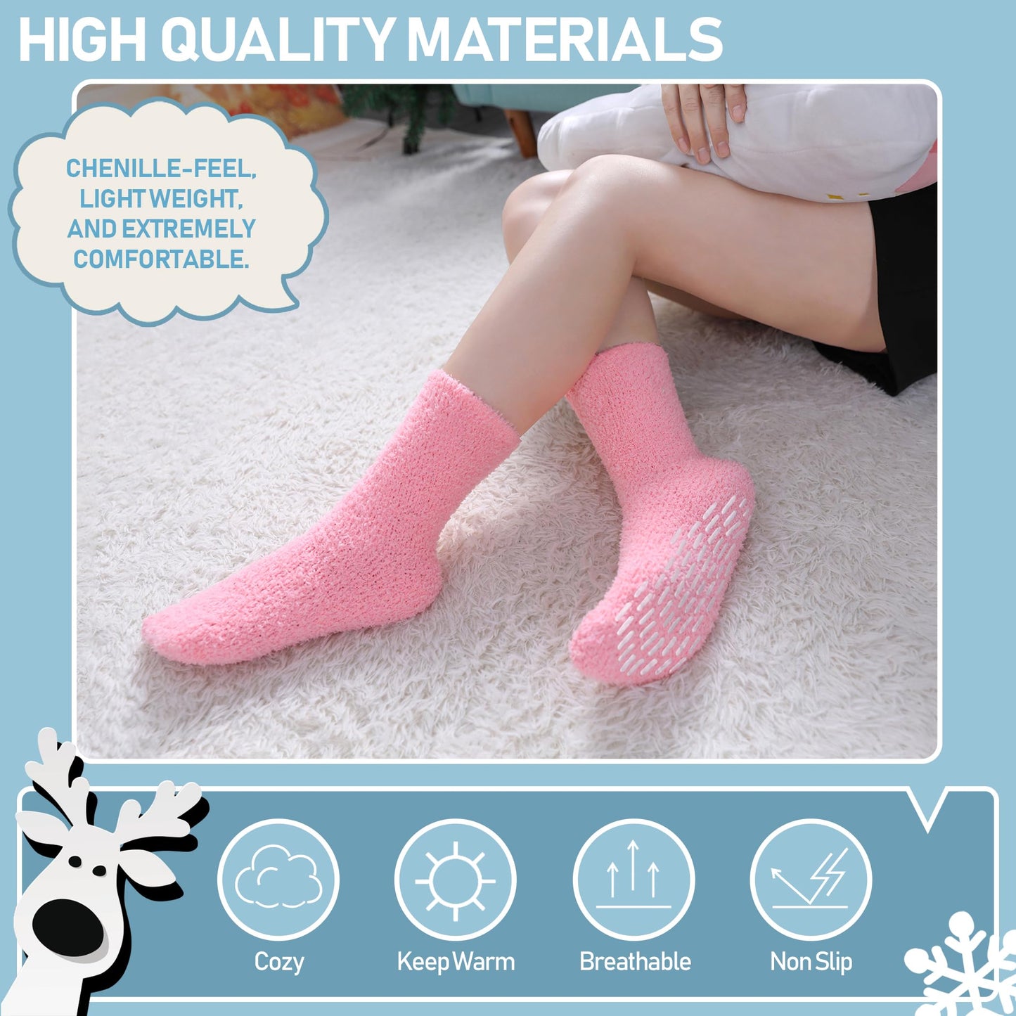 Yebing Non Slip Hospital Socks for Women with Grips Fuzzy Cozy Anti Skid Slipper Socks Winter Warm Soft Fluffy Sleep Socks 5 Pairs Non Slip Rainbow A