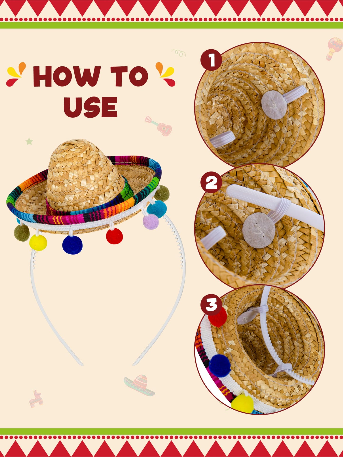 3 PCS Cinco De Mayo Sombreros with Headbands - Fabric and Straw Fiesta Hats, 3 Styles for Mexican Carnivals and Festivals