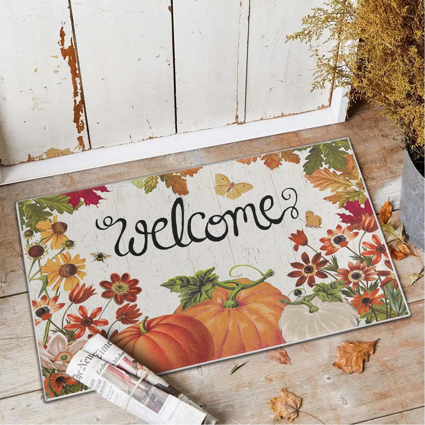 wyoansfhd Fall Pumpkin Doormat, Autumn Home Decor Entry Door mat, Pumpkin Doormat, Low Profile Entry, Non-Slip Farmhouse Mat, Outdoor Welcome Mat 17x30 Inch