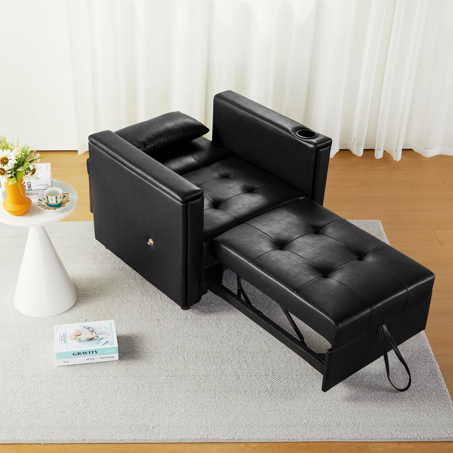 weselon Leather Convertible Chair Bed, 3 in 1 Multi-Functional Lounge Chair Sleeper, Pull Out Couch Guest Bed with Hidden Table and Adjustable Backrest for Living Room (Black)