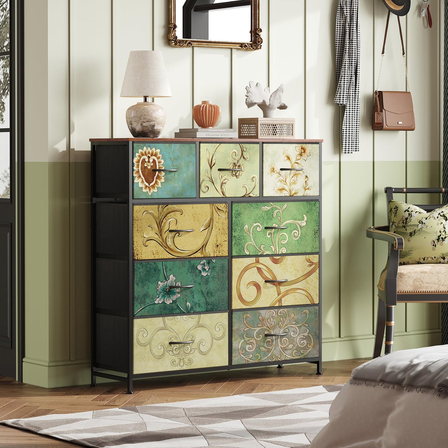 WLIVE 9-Drawer Dresser, Fabric Storage Tower for Bedroom, Hallway, Entryway, Closet, Tall Chest Organizer Unit with Fabric Bins, Steel Frame, Wood Top, Easy Pull Handle, Floral Painted