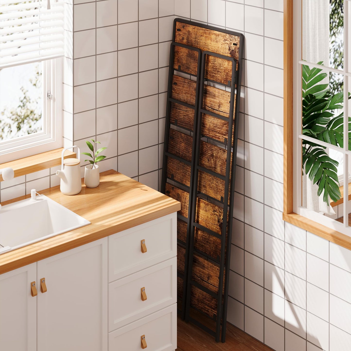 4NM No-Assembly 5 Tiers Folding Bookshelf Storage Shelves Vintage Bookcase Standing Racks Study Organizer Home Office (Rustic Brown Black)