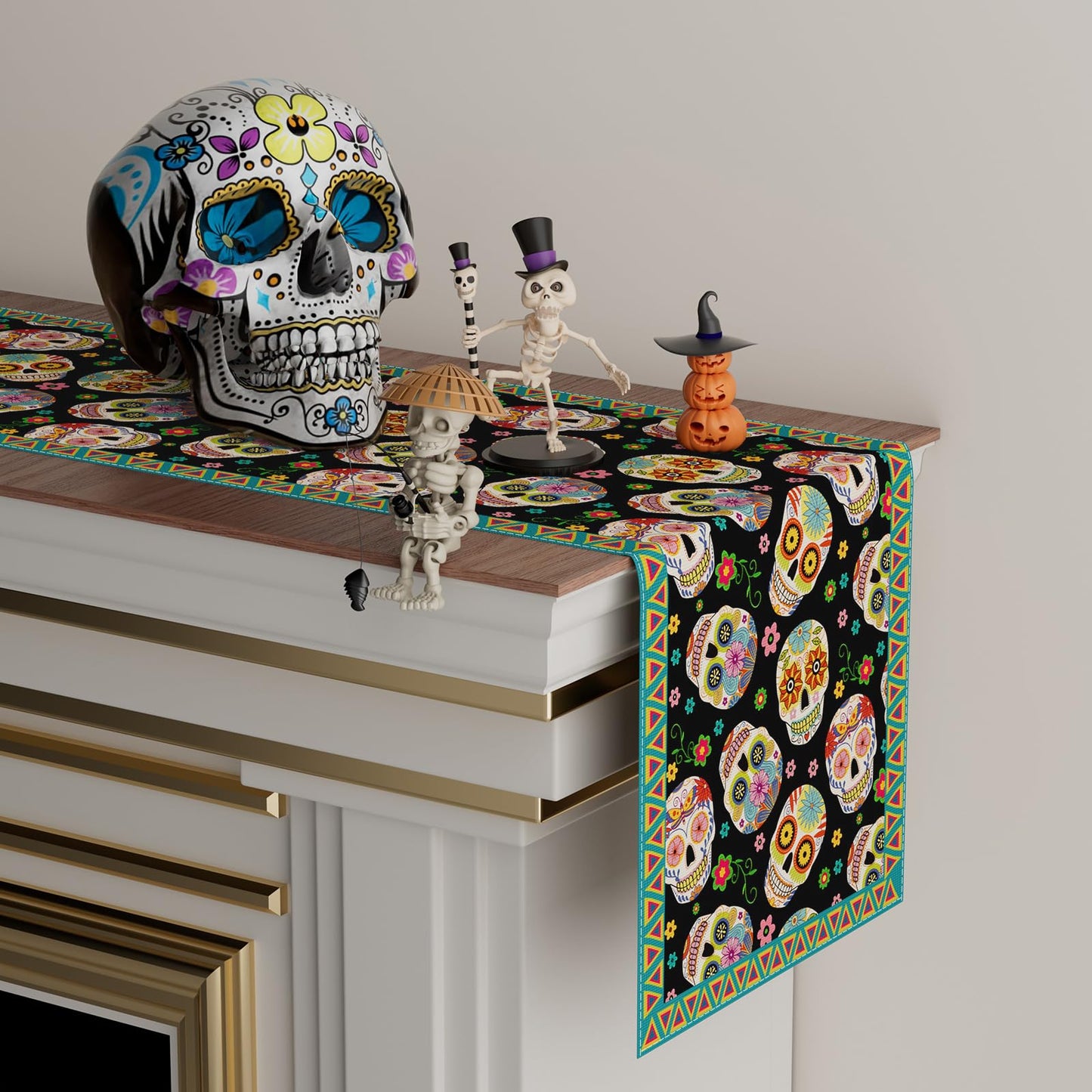 XCHI Sugar Skull Flowers Dia De Los Muertos Table Runner Day of The Dead Mexican Table Decoration for Home Kitchen Dining Holiday Fiesta Themed Party Decor 13x72 Inch