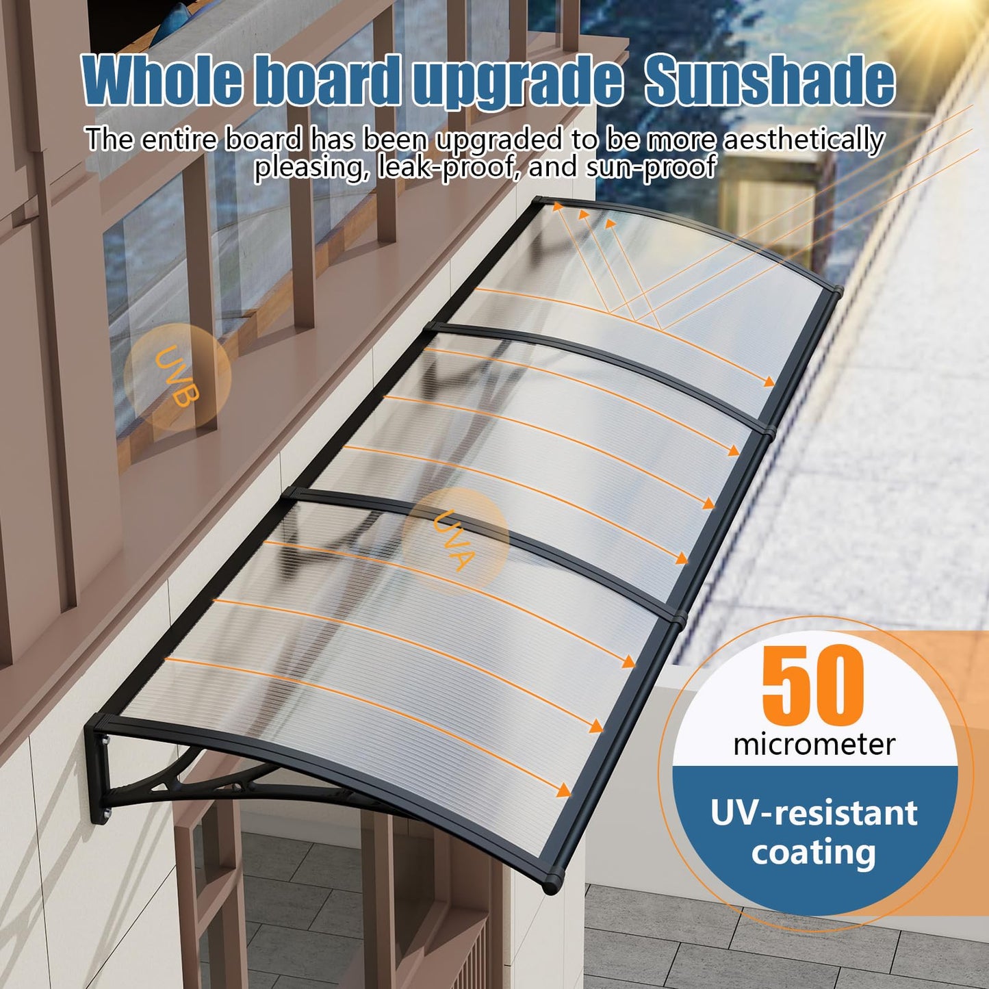 60x80'' Window and Door Exterior, UV/Rain/Snow/Sunlight Protection Sheet,UPF 50+ Polycarbonate Overhang Canopy,House Overdoor Awnings for Door Entrance Outside/Patio/Porch/Deck