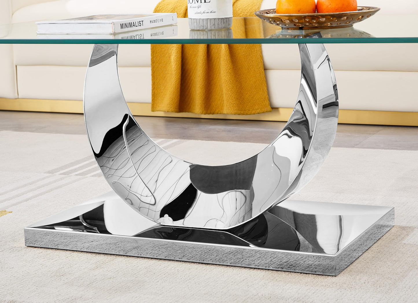 3 Pieces Luxury Silver Living Room Table Set, Modern Glass Coffee Table Set of 3, Rectangle Center Table and 2 End Tables with Moon-Shaped Stainless Steel Base for Living Room Apartment