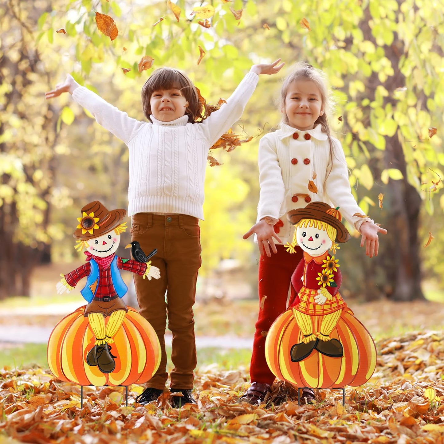 2 Pcs Fall Yard Signs Scarecrow Decorations Outdoor, 30"H Metal Thanksgiving Fall Yard Stakes Scarecrow Lawn Decor, Fall Garden Stakes for Patio Pathway Autumn Harvest Outside Decorations (Sitting)
