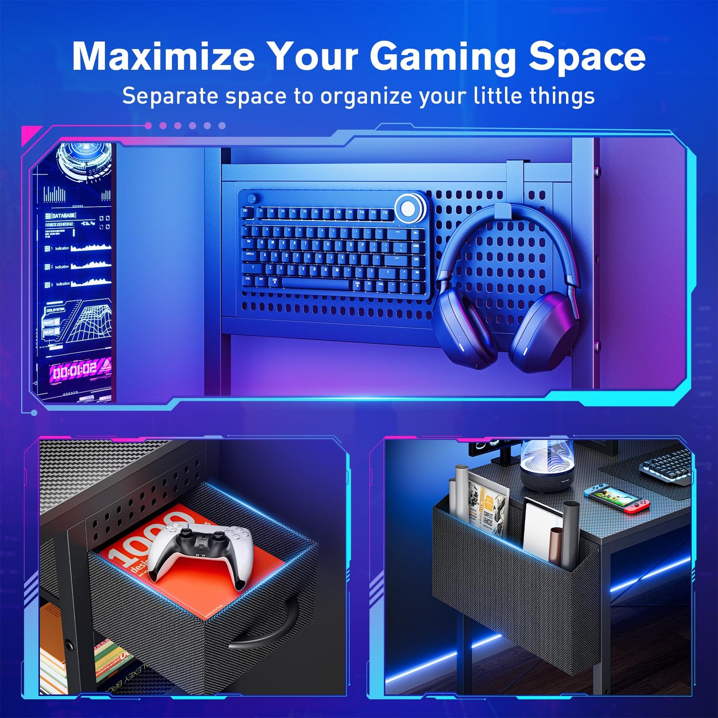 47 Inch Gaming Desk, Computer Desk with Adjustable Storage Rack & LED Lights, PC Gaming Desk with Mini DIY Pegboard, Drawer and Power Outlets for Gaming Room,Carbon Fiber Black