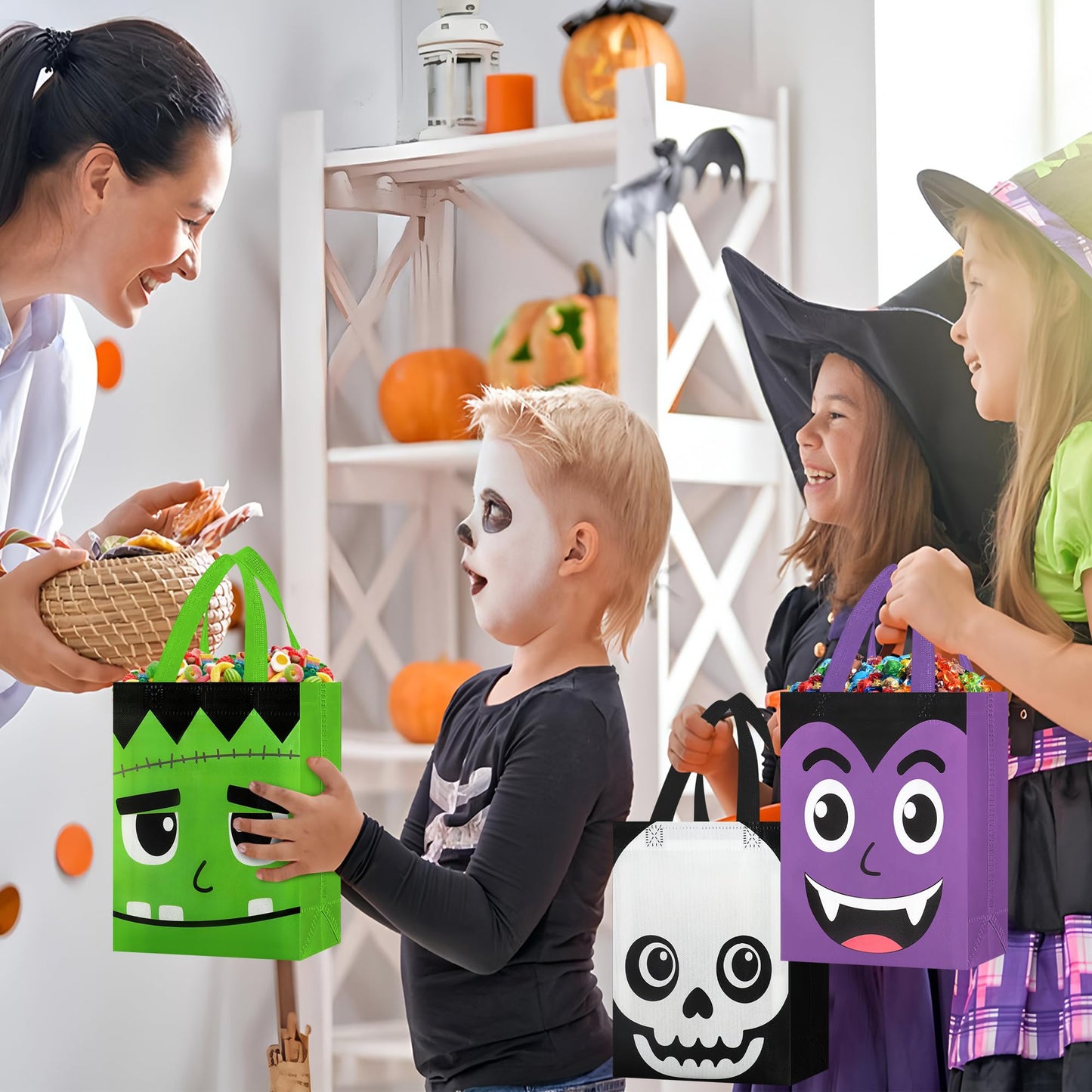 12 PCS Halloween Trick or Treat Bags 10.2 x 8.26 Inch Non-Woven Candy Tote Bag with Handles Reusable Pumpkin Ghost Cat Mummy Zombie Candy Goodie Bags Halloween Party Gift Bag for Halloweens Party Supplies