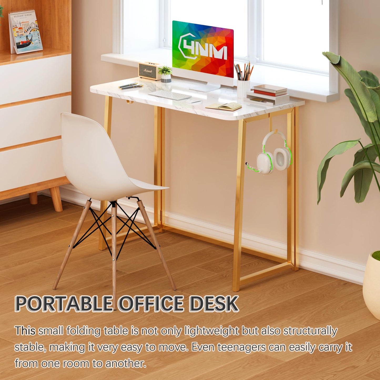 4NM 31.5" Small Folding Desk, Simple Assembly Computer Desk Home Office Desk Study Writing Table for Small Space Offices - White and Golden