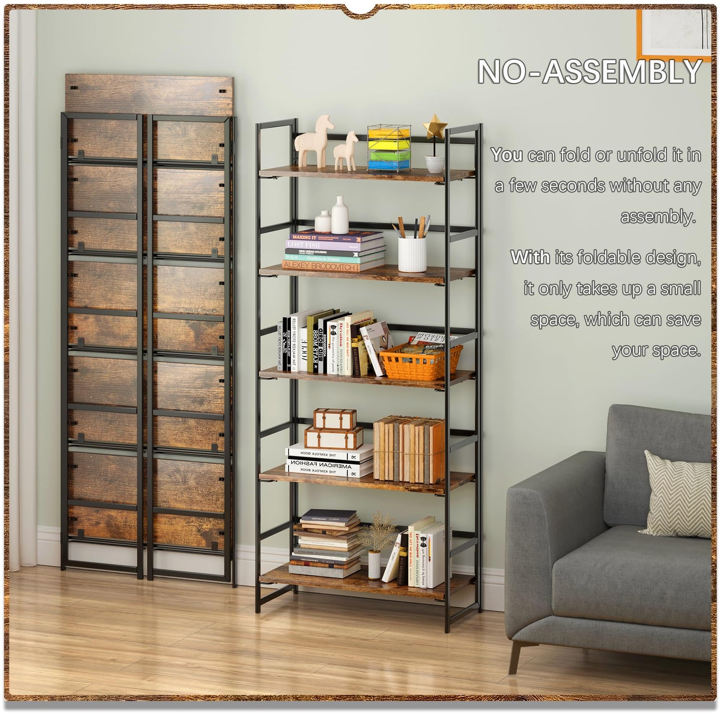 4NM No Assembly 5 Tiers Book Shelves, Black Folding Bookshelf Bookcase Open Industrial Foldable Shelves for Bedroom, Living Room, Home Office - Rustic Brown Black