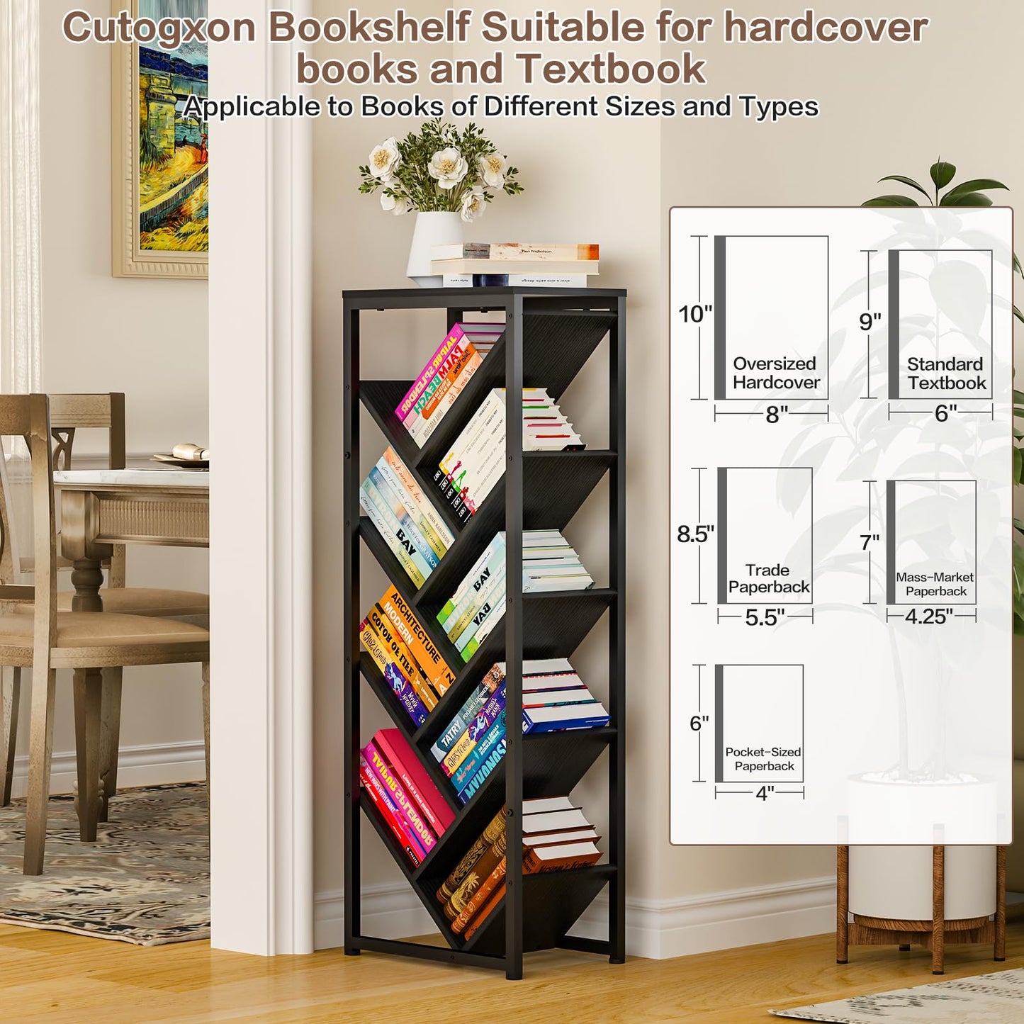 9 Tier Tree Bookshelf - Black Book Shelf Floor Standing Modern Bookcase for Hardcover Books, Small Bookshelf for Small Spaces Bookshelves Wooden Book Storage Organizer Shelves for Bedroom Living Room
