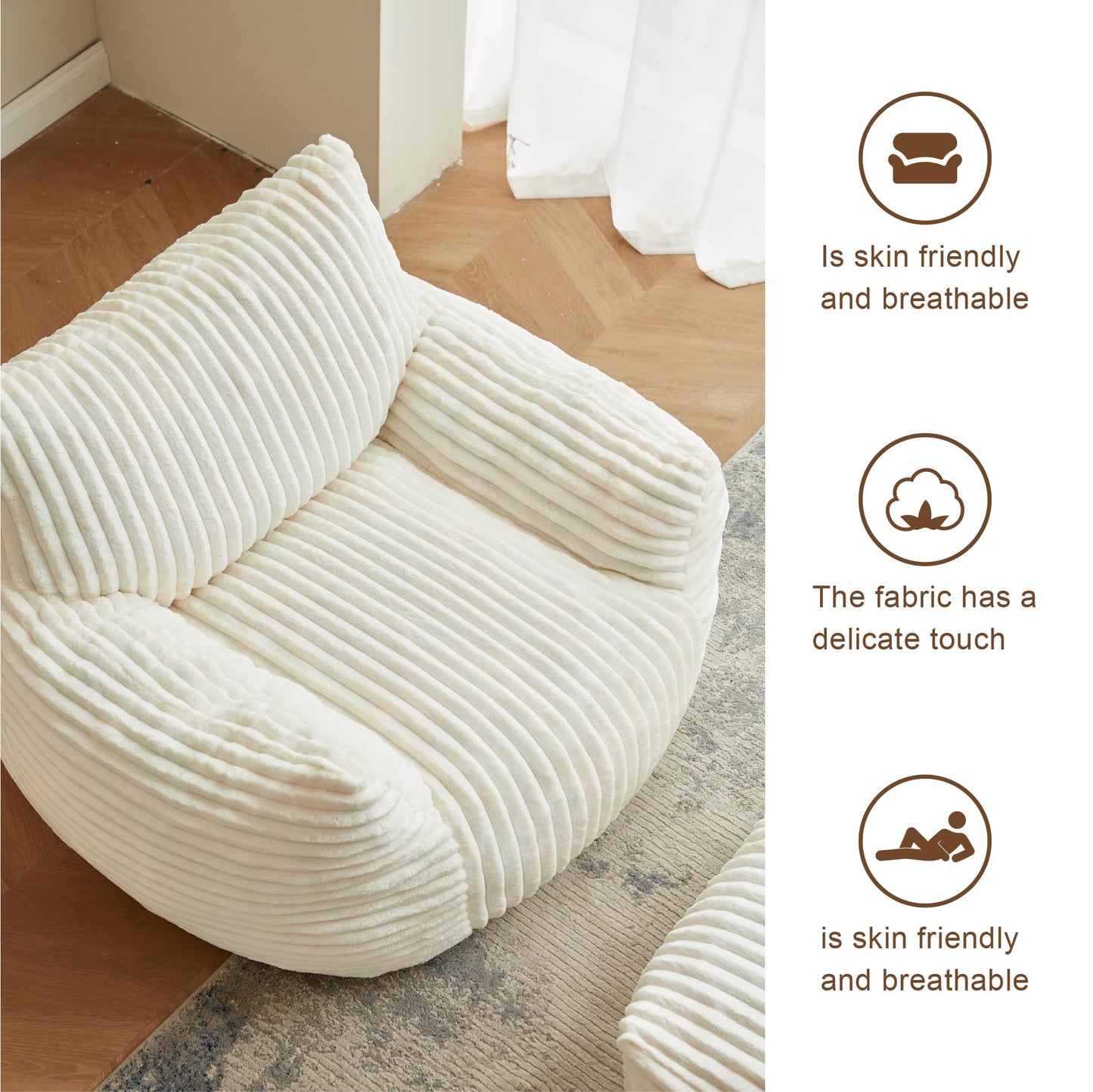 XOFUGEM Premium Beige Bean Bag Chair for Adults with Armrest- Ultra Plush Memory Foam Lounge Sofa & Comfy Reading Nook Chair for Bedroom, Living Room & Dorm (White, with Footrest)