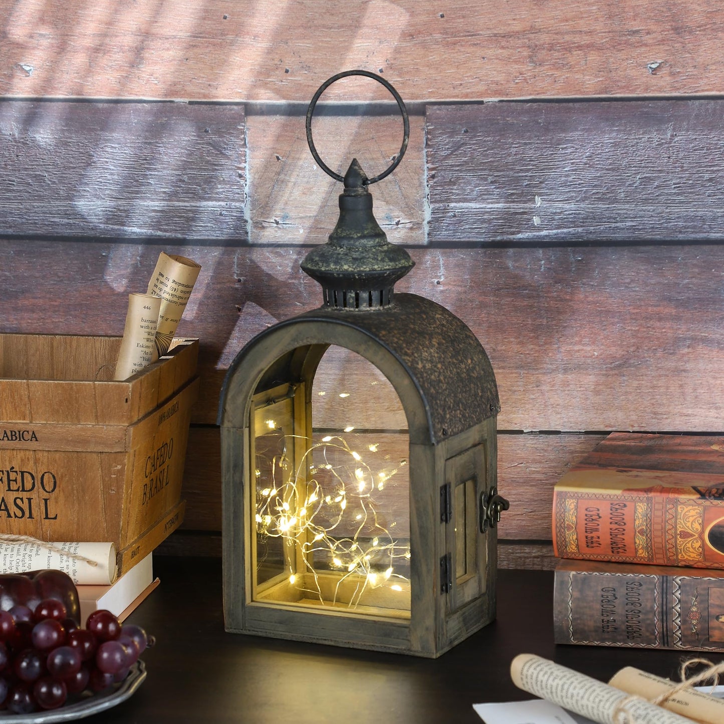 12" High Wooden Dome Lantern Made of Solid Fir Wood and Real Glass in Rustic Brown Finish with Rustic Metal Top, Hurricane Lantern, Farmhouse Lantern (1, Brown, Small)