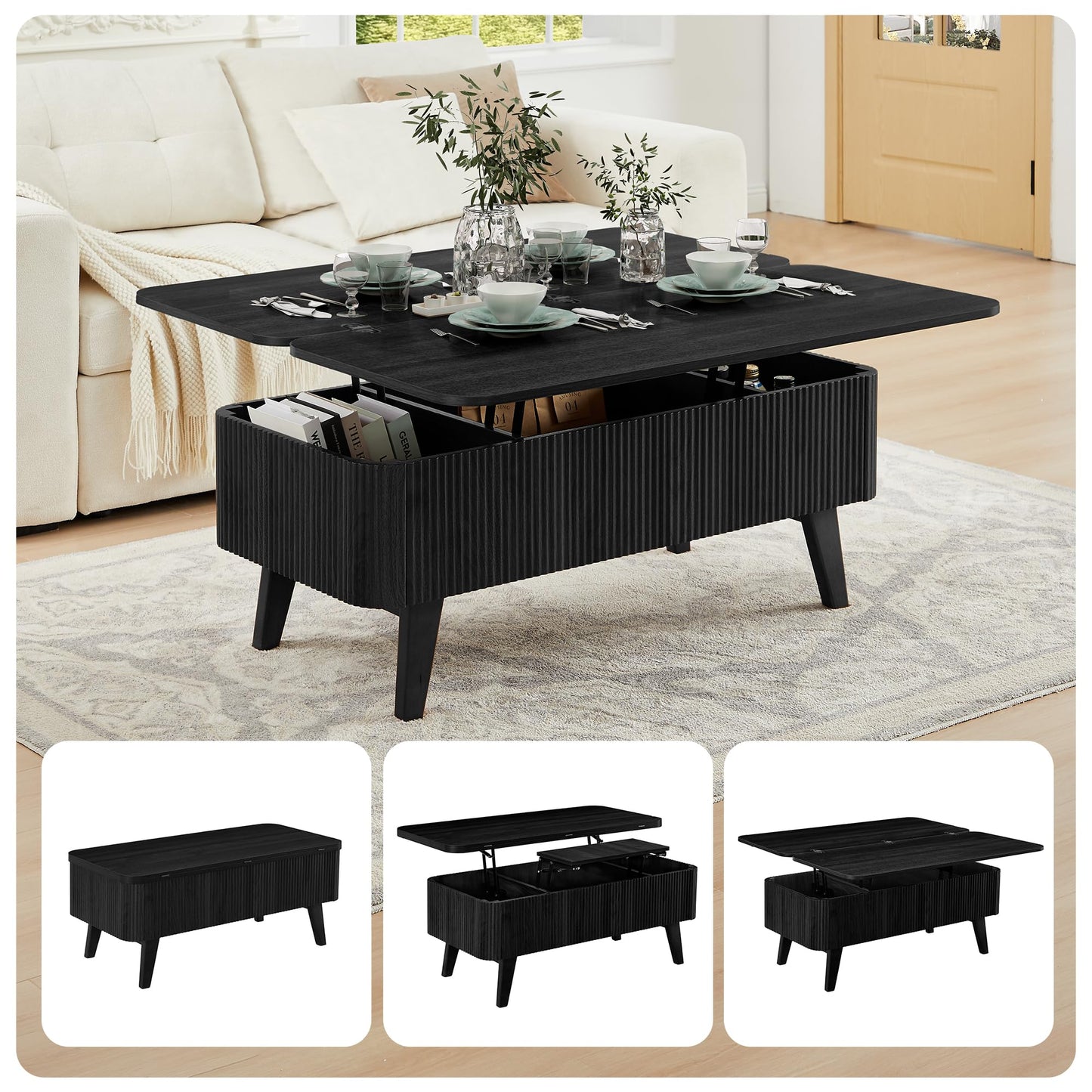 3 in 1 Lift Top Coffee Table, Fluted Convertible Coffee Tables Converts to Dining Tables, Modern Oval Wooden Center Table with Storage for Living Room Office Small Space, Partial Assembly (Black)