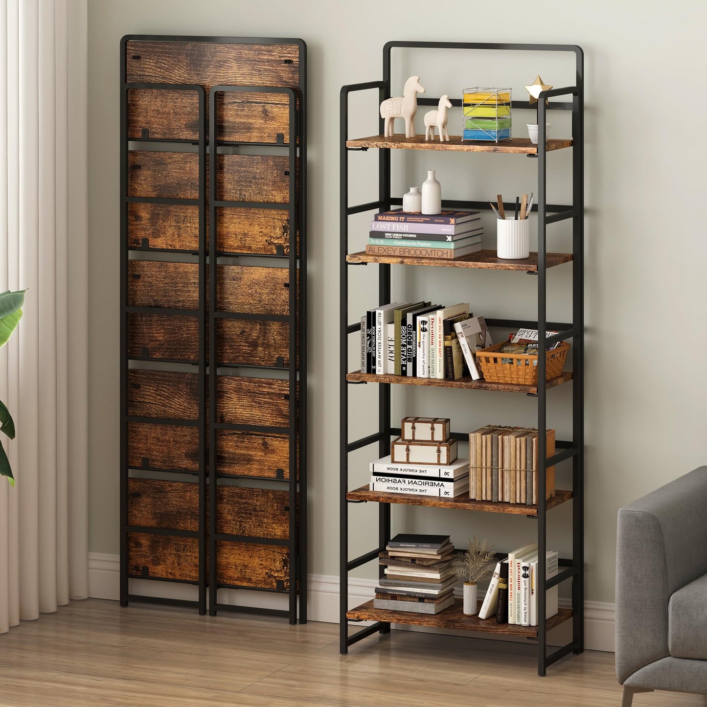 4NM No-Assembly 5 Tiers Folding Bookshelf Storage Shelves Vintage Bookcase Standing Racks Study Organizer Home Office (Rustic Brown Black)