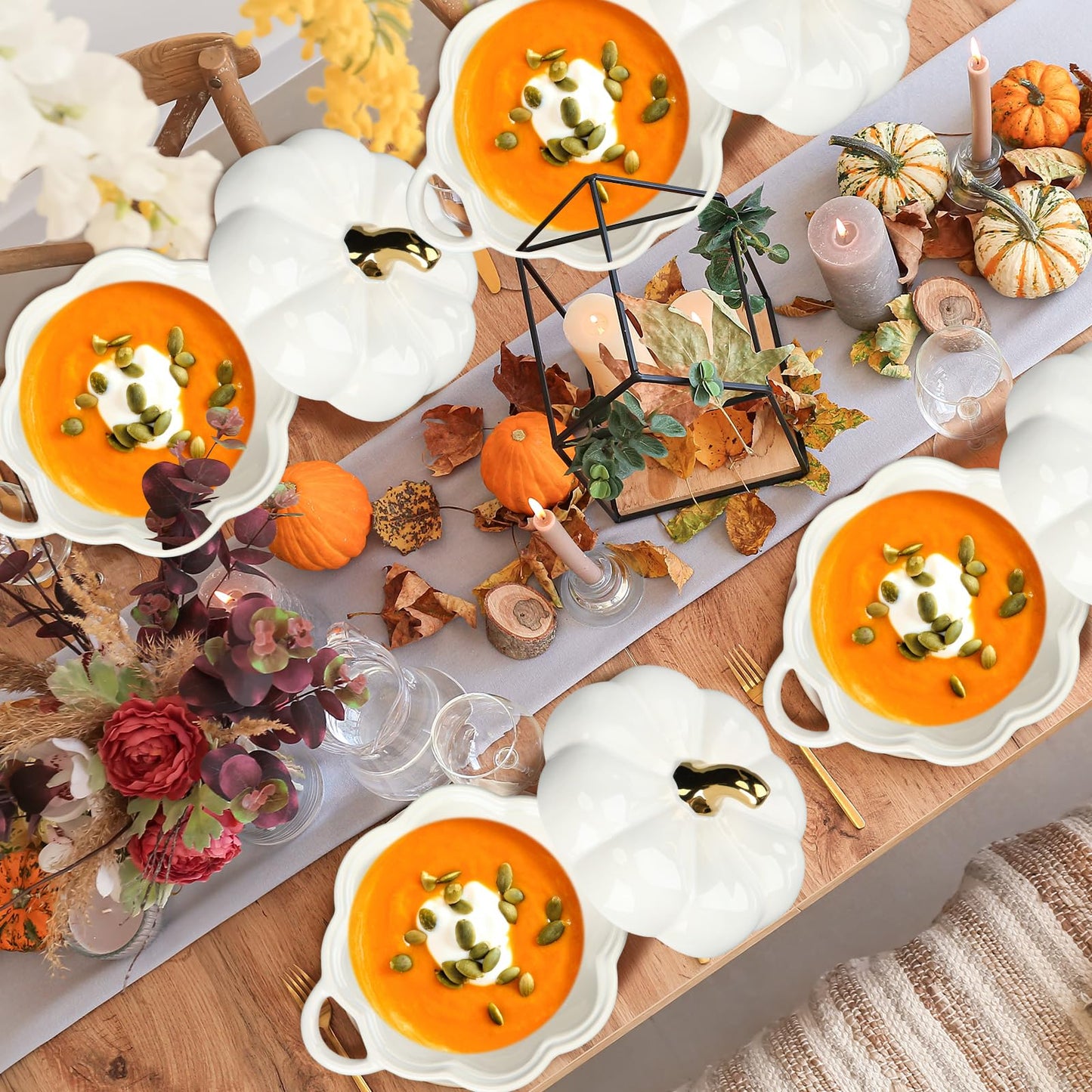 Yaomiao 6 Pcs Pumpkin Ceramic Bowl 15 oz Pumpkin Soup Bowl Pumpkin Shape Storage Jar with Lid and Handles for Home Halloween Party Kitchen Tableware(White)