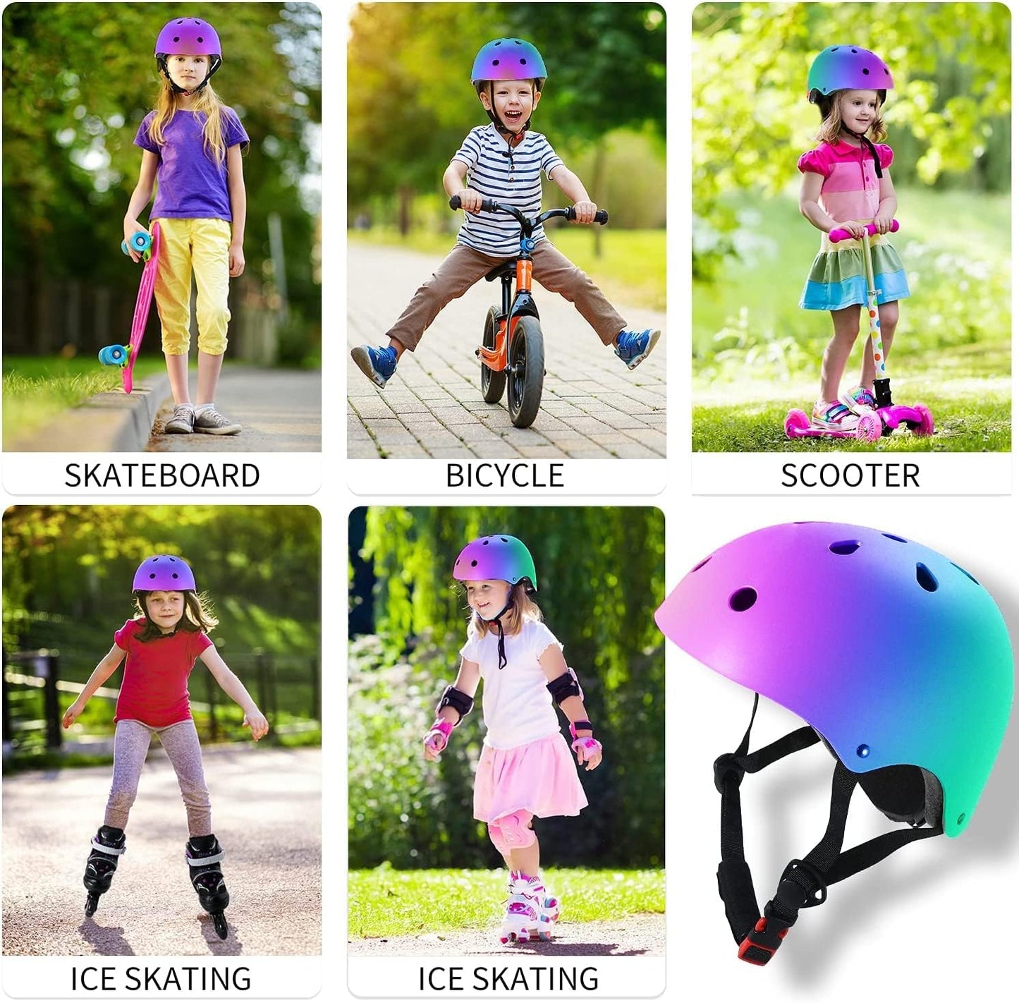 JeeFree Adjustable Gradient Color Skateboard Helmet for 3-5-8-14+Ages【Toddler Kids Youth Adult】 Girls Boys Woman.Bike Helmet for Multi-Sports Cycling Bicycle Scooter Inline Roller Skate Rollerblading