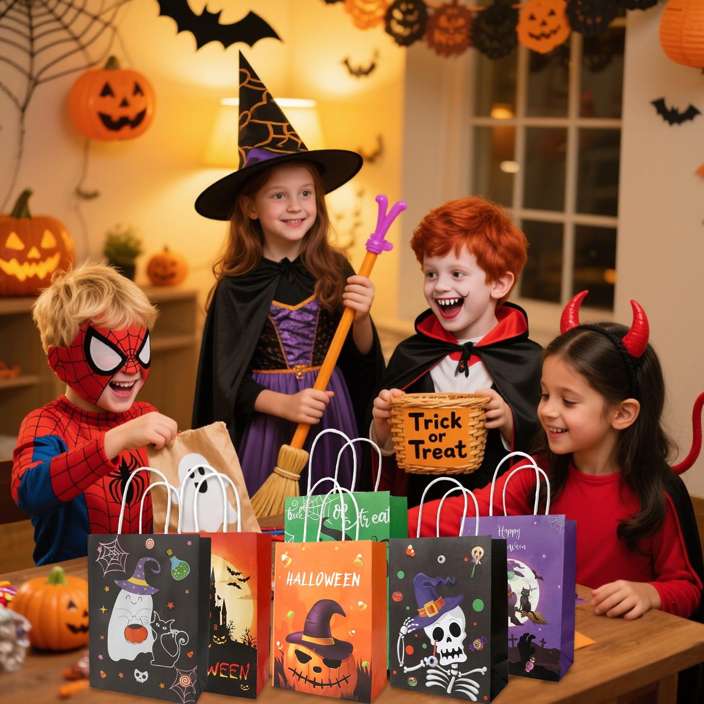 12 PCS Halloween Bags with Handles, 6 Styles Halloween Paper Bags for Gift Candy Goodie Snacks Treat Cookie Wrap Party Favors Supplies Decorations Trick or Treat Horror theme Birthday Baggies Pouch