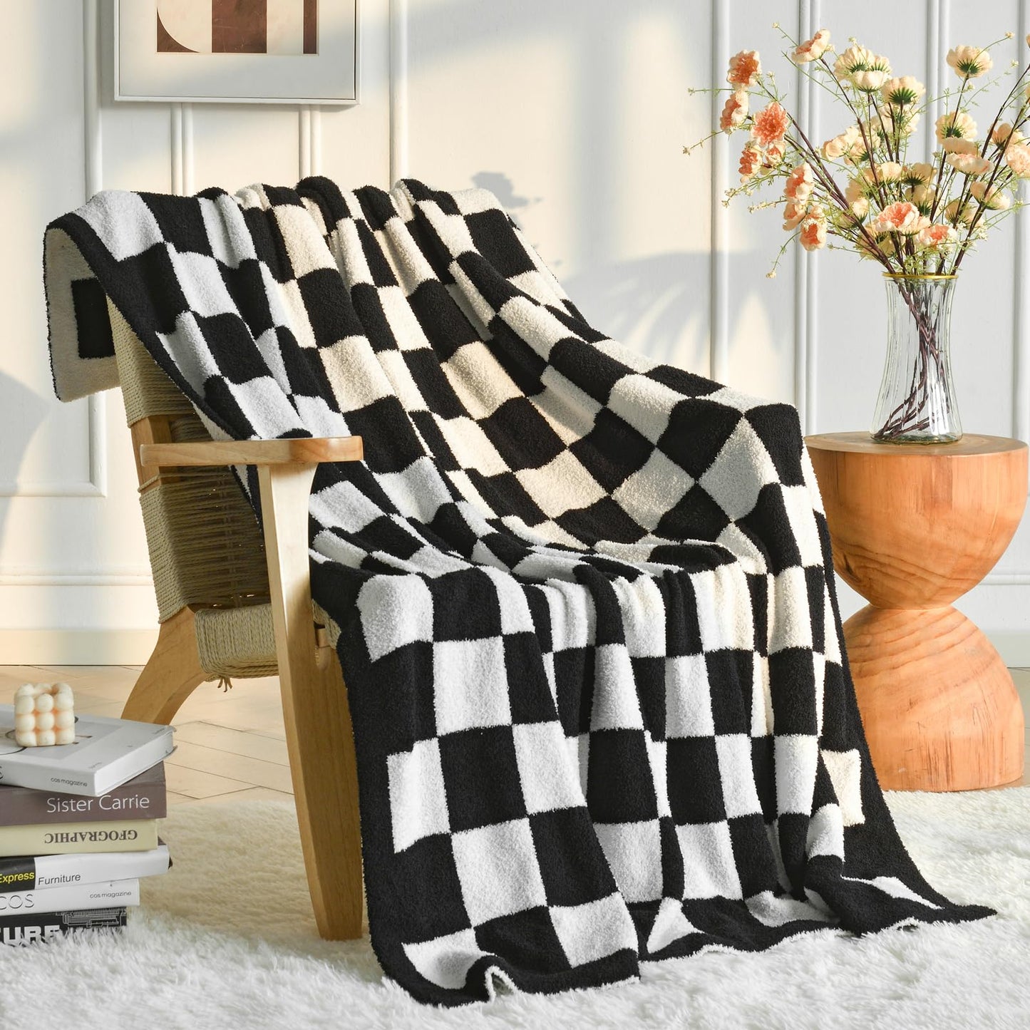 Xiashrk Checkered Throw Blanket for Couch, Checkerboard Blankets for Sofa Bed, Cozy Checkered Decorative Travel Blanket for Living Room Camping (Black, Twin 60"x80")