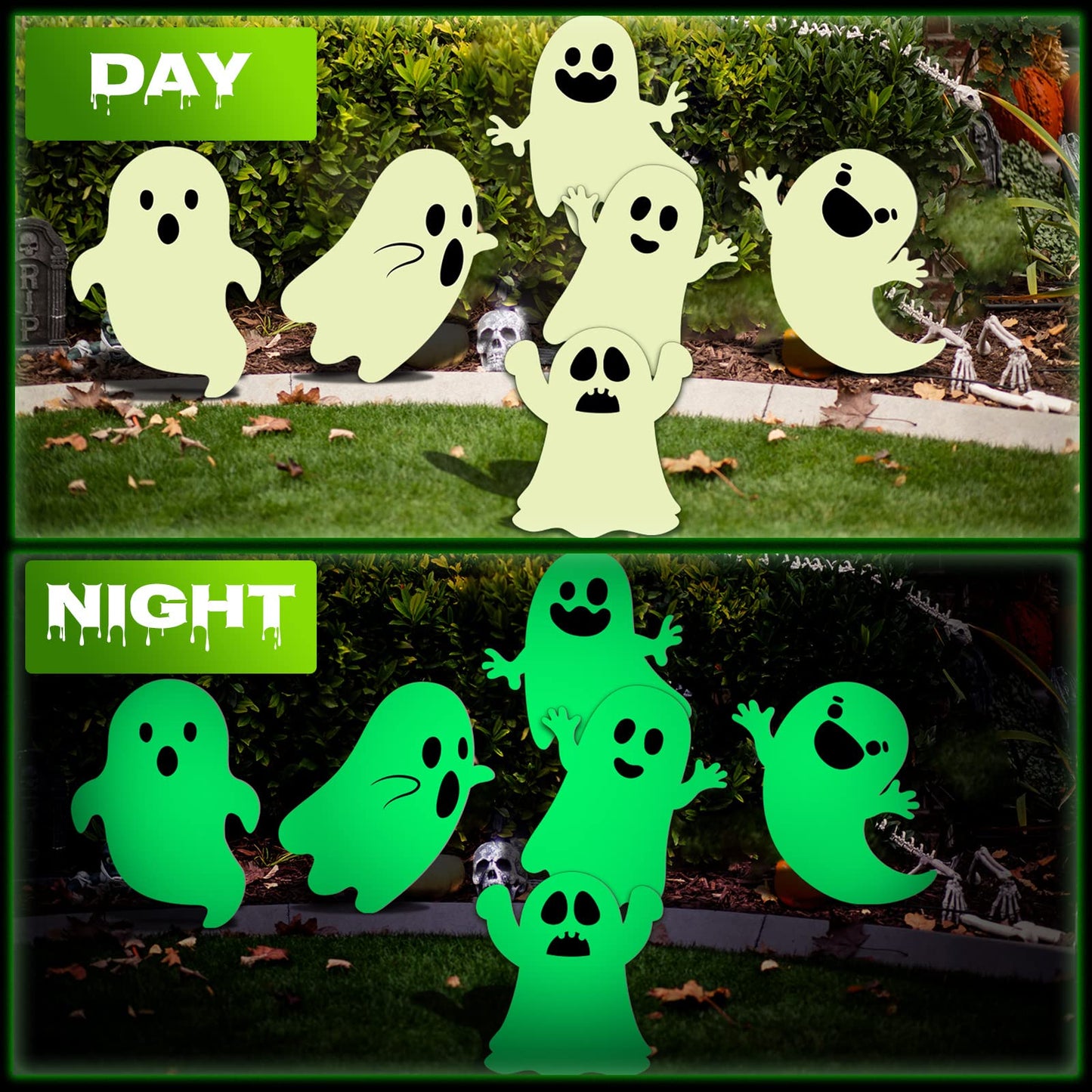 6 Pcs Halloween Yard Stakes Glow in The Dark with Green Fluorescent Layer Waterproof Plastic Cute Outdoor Sign Halloween Decorations for Lawn Patio Yard Garden Decoration (Ghost)