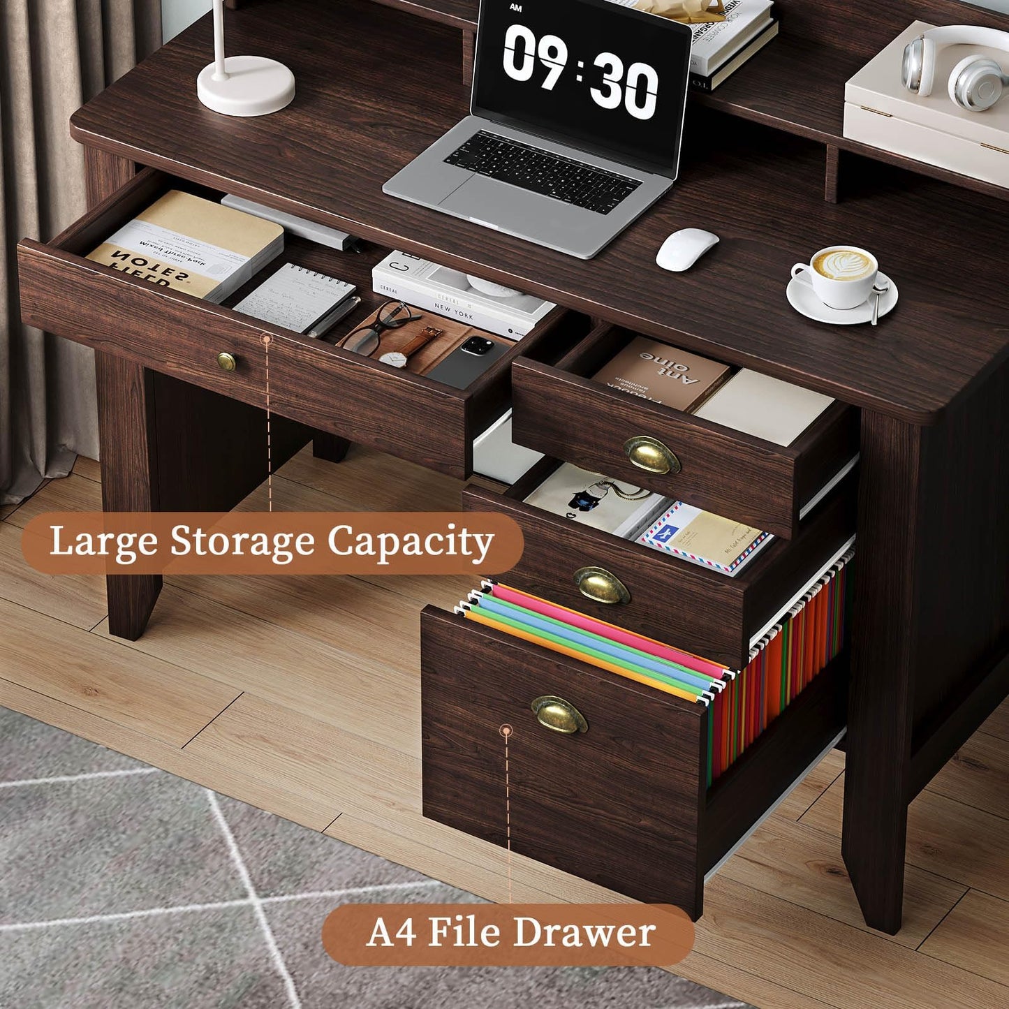 4 EVER WINNER Small Desk with Drawers, Wood Desk with Monitor Stand, Computer Desks with File Drawer, Small Spaces, Espresso