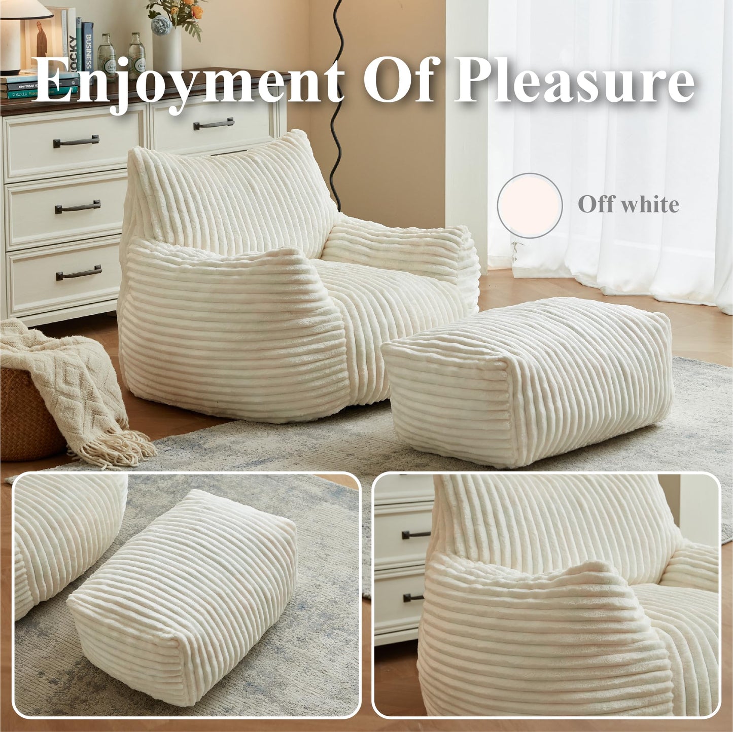 XOFUGEM Premium Beige Bean Bag Chair for Adults with Armrest- Ultra Plush Memory Foam Lounge Sofa & Comfy Reading Nook Chair for Bedroom, Living Room & Dorm (White, with Footrest)