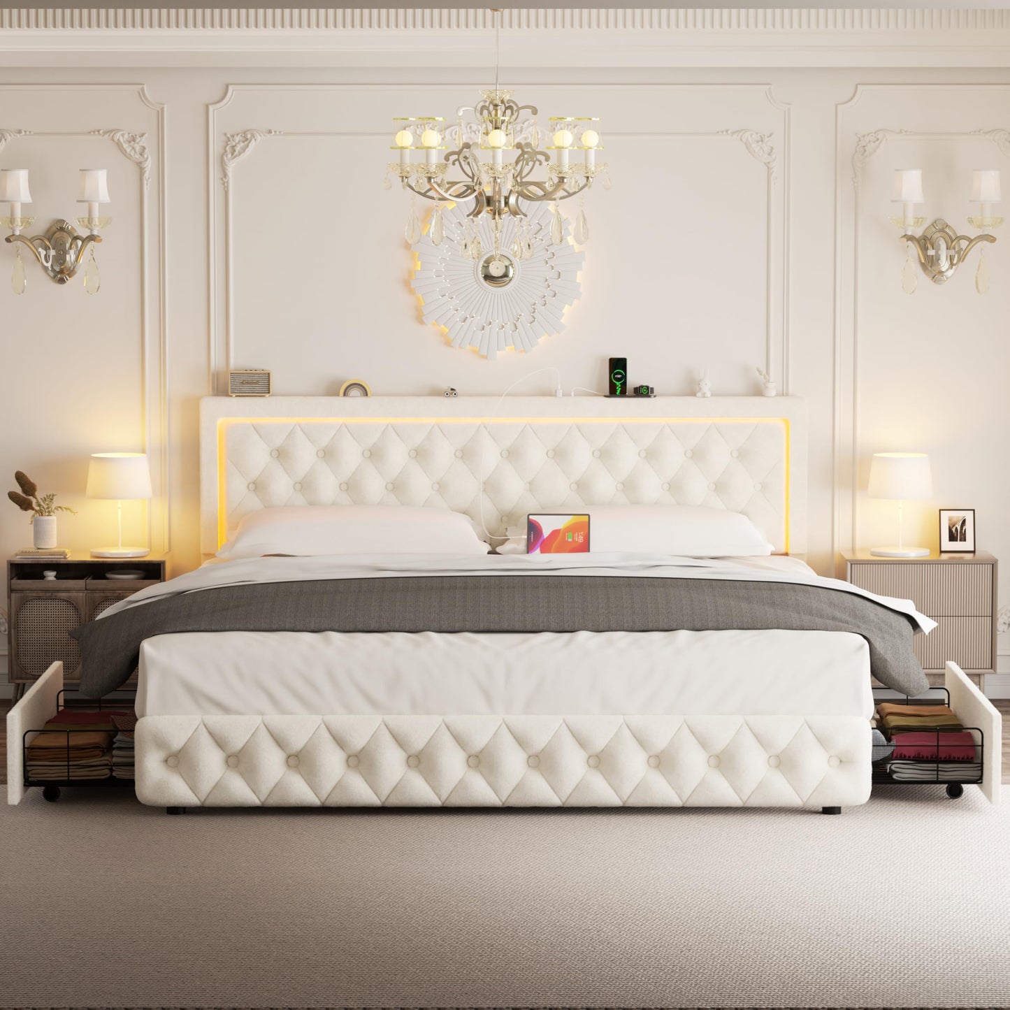 VOHOBY Queen Bed Frame with 4 Storage Drawers, Velvet Upholstered Bed Frame Queen Size with Charging Station and LED Lights, 46" Adjustable Button Tufted Headboard, No Box Spring Needed, Beige