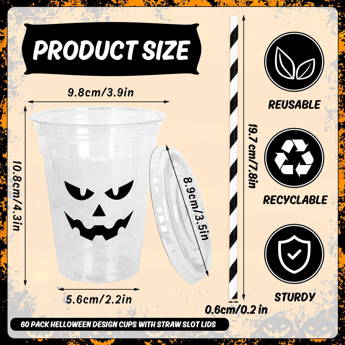 Whaline 60Pcs Halloween Disposable Plastic Cups with Lids and Straws 12oz Jack-O-Lantern Pumpkin Cold Beverage Drinking Cups for Trick or Treat Party Supplies