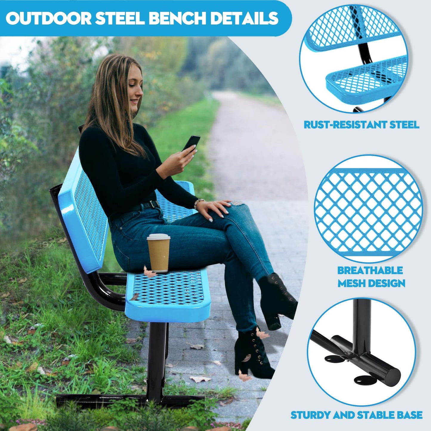 4Ft Outdoor Bench with Back Portable Frame, Outdoor Steel Park Bench with Backrest, Expanded Metal Mesh Bench for Outside, Lawn, Backyard, Park, Garden, Patio, Porch, Bule