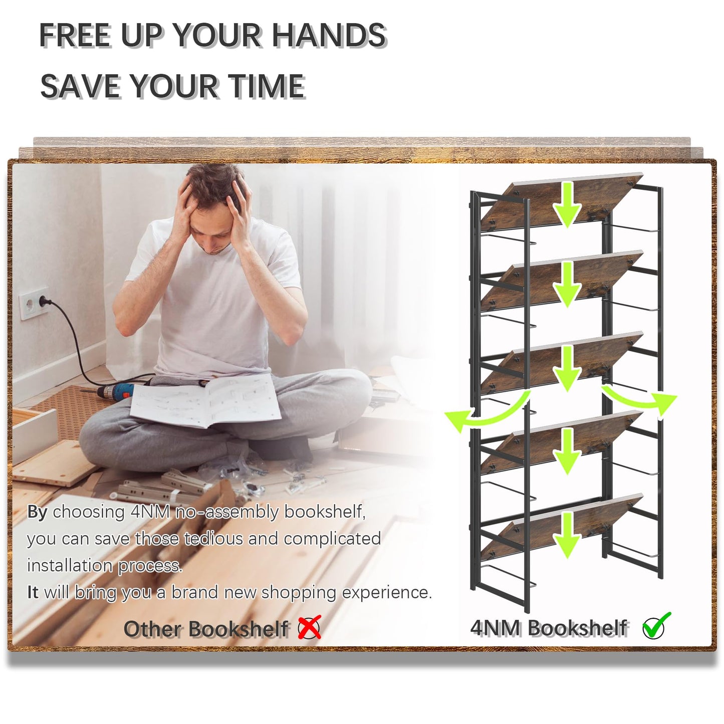 4NM No Assembly 5 Tiers Book Shelves, Black Folding Bookshelf Bookcase Open Industrial Foldable Shelves for Bedroom, Living Room, Home Office - Rustic Brown Black