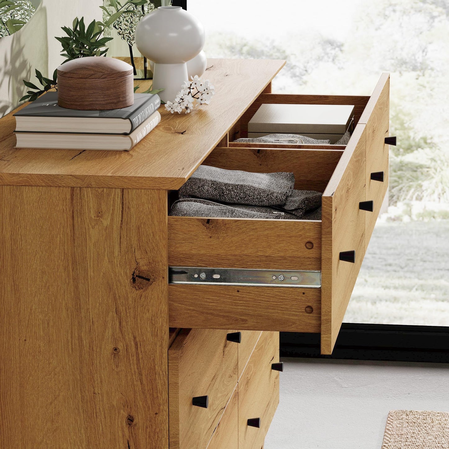 WAMPAT Dresser with 6 Drawers for Bedroom, Wooden Kids Dressers with Wide Chest of Drawers, Modern Closet Storage Organizer Furniture with Solid Wood Legs for Living Room, Hallway, Nursery, Oak Brown