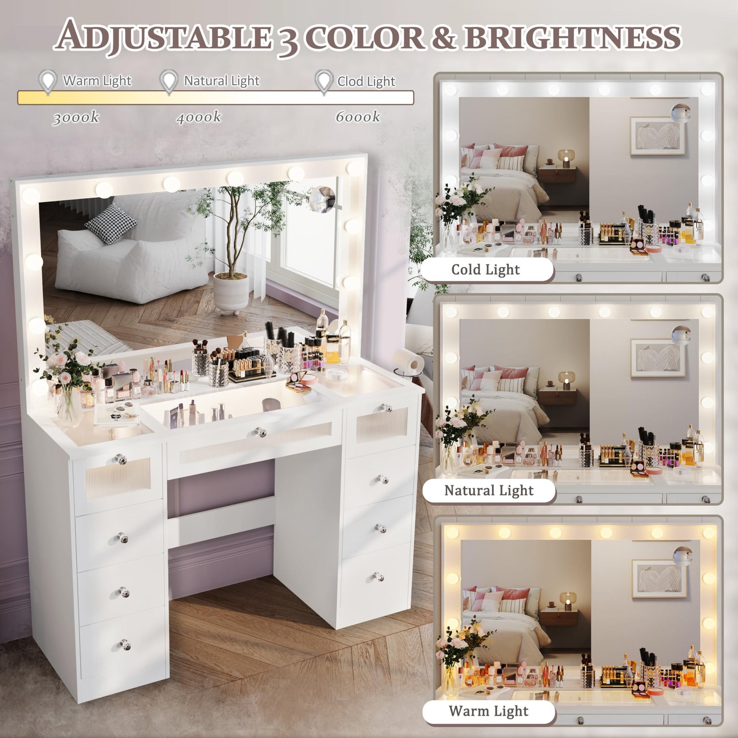 9 Drawers Makeup Vanity Desk with 36.9" Oversized Mirror and Lights, Vanity with Tempered Glass Top, Girls Make up Dressing Table with Power Outlet & 3 LED Lighted Acrylic Drawers Bedroom, White