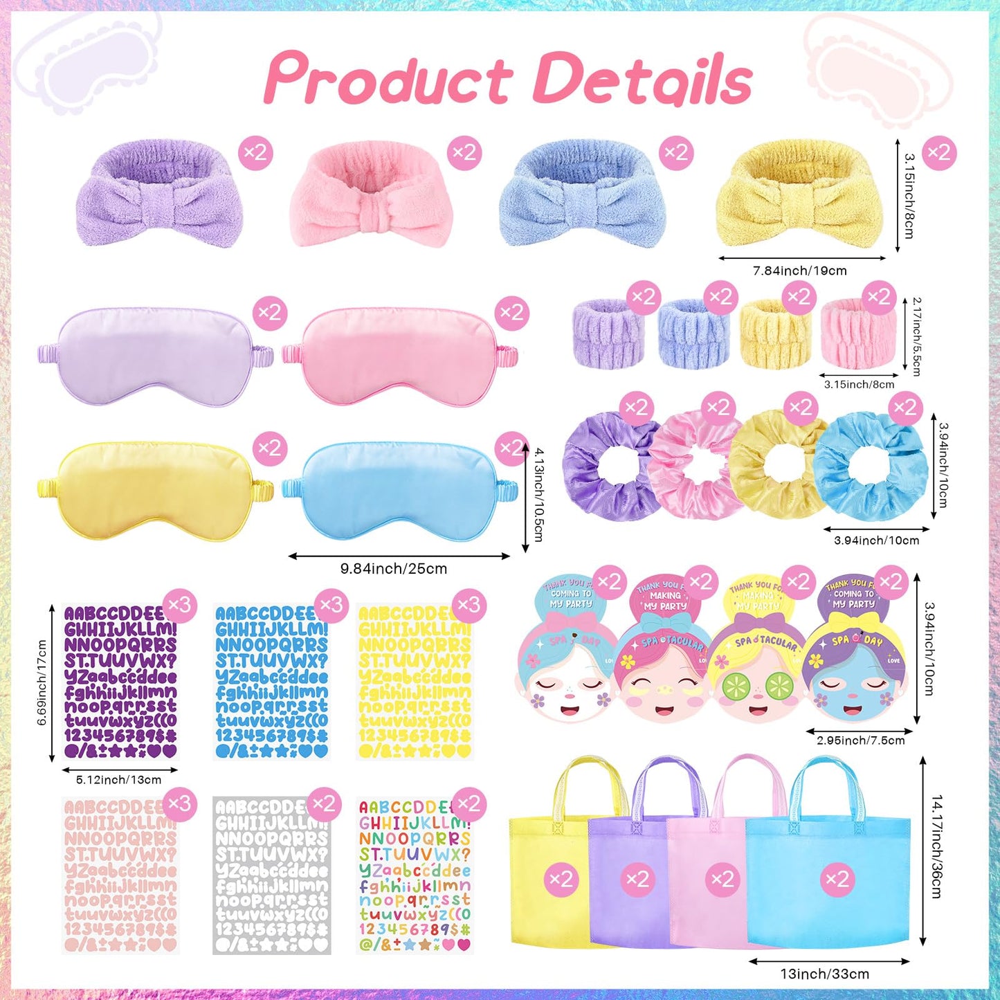 72 Pcs Spa Sleepover Party Supplies for Girls With DIY Stickers And Greeting Card Mix Color Headband Wristbands Eye Mask Hair Scrunchie Tote Bag Sleeping Slumber Party Favors