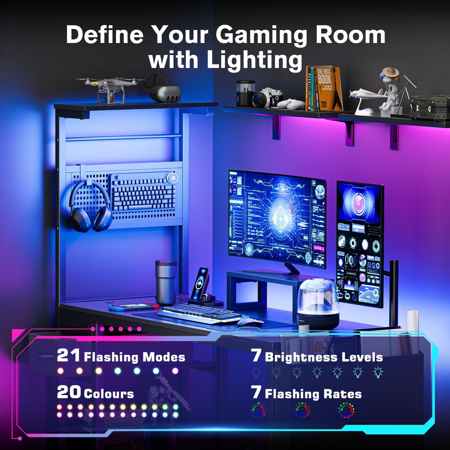 47 Inch Gaming Desk, Computer Desk with Adjustable Storage Rack & LED Lights, PC Gaming Desk with Mini DIY Pegboard, Drawer and Power Outlets for Gaming Room,Carbon Fiber Black