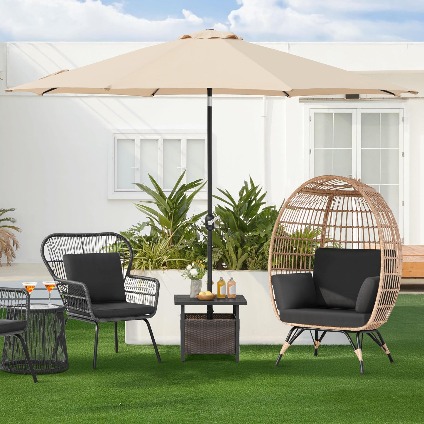 Yaheetech Egg Rattan Chair, Oversized Indoor/Outdoor Egg-Shaped PE Basket Lounger with 4 Cushions, Metal Frame Stand for Patio, Balcony, Backyard, Living Room, Light Brown/Black
