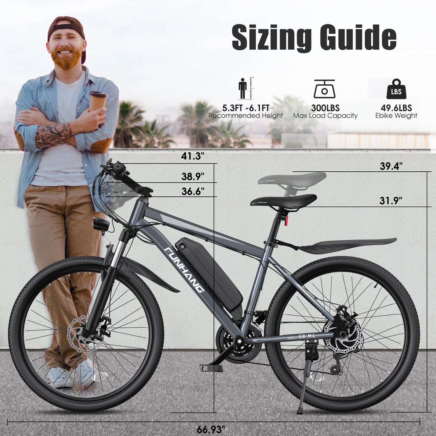 Funhang Electric Bike for Adults, Peak 1000W Ebike, 50Miles 21.7MPH Adult Electric Bicycles, 26" Electric Mountain Bike 48V 374.4WH Battery, Commuter E Bike with Adjustable Stem, Fenders, 21 Speed
