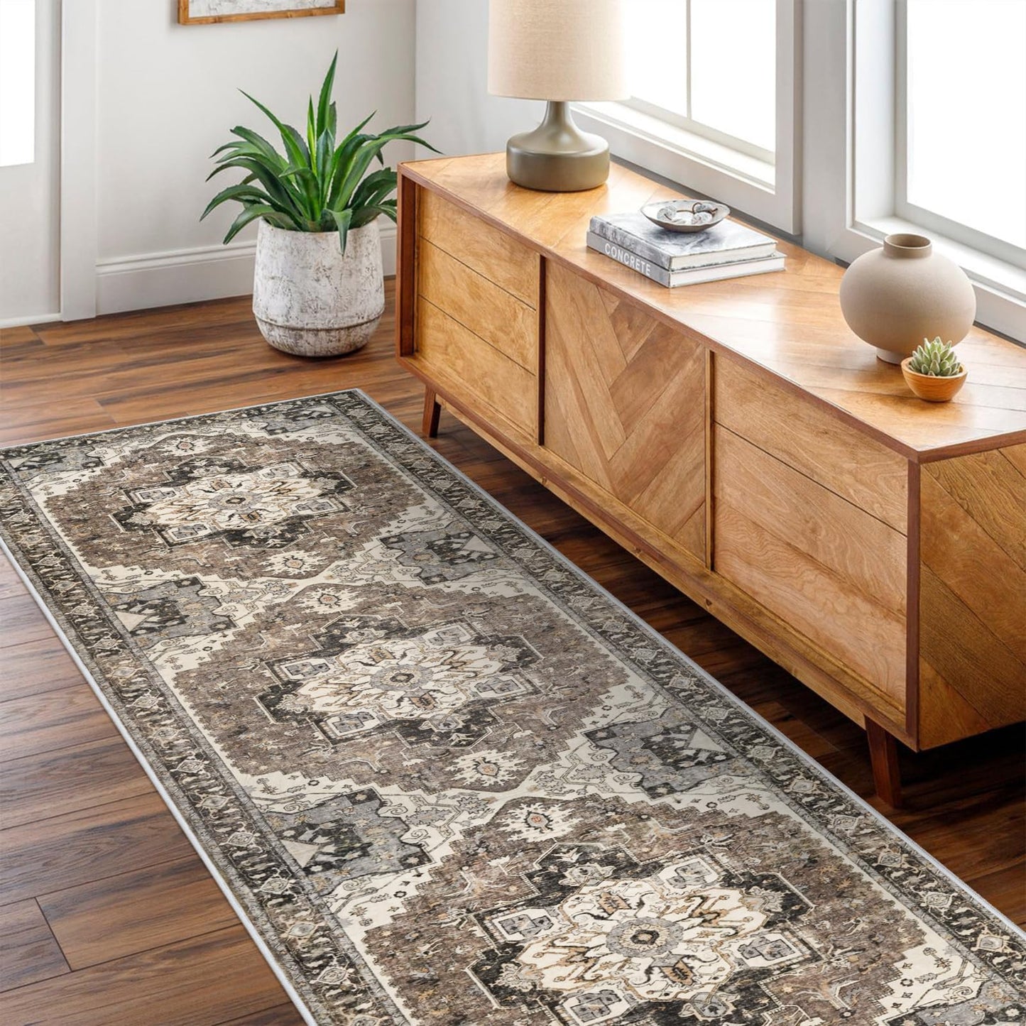 Washable Kitchen Runner Rug - 2'6''x12' Hallway Rug Distressed Mats Non-Slip Soft Room Floor Carpet for Dining Room (Beige, 2'6'' x 12')
