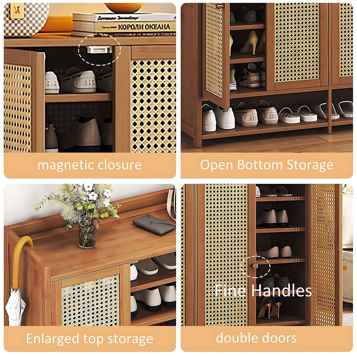 8 Tier Bamboo Shoe Cabinet, Shoe Storage Cabinet with Doors, 40 Pairs Shoe Organizer with Shelves, Freestanding Shoe Rack for Entryway, Hallway, Closet Living Room (Brown-)