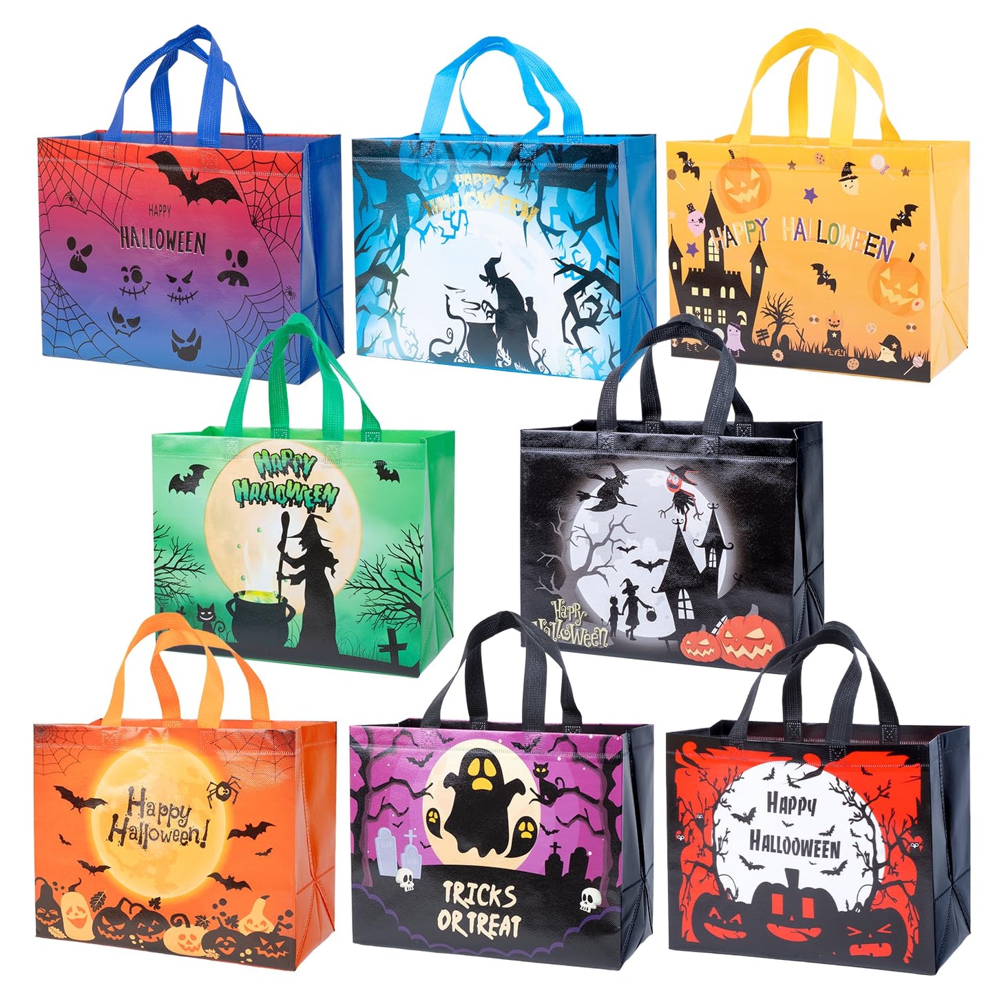 XiaosRen 8Pcs Multifunctional Non-Woven Tote Bags with Handles, Large Reusable Happy Halloween Bags for Gifts, Party Supplies, 12.6x10x6.7