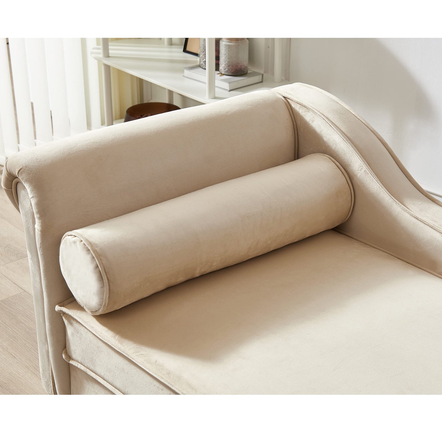 60.6''Velvet Chaise Lounge Indoor, Modern Velvet Sofa Lounge Chair with Storage,Upholstery Button Tufted Lounge Sofa Sleeper with Left Armrest & Lumbar Pillow for Living Room,Bedroom,Office,Beige