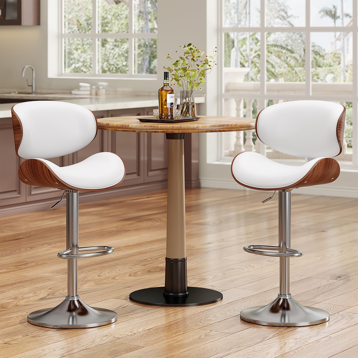 YaFiti Bar Stools Set of 4, Modern Pu Leather Swivel Adjustable Bar Stool Counter Height Stool Set, Bar Chair with Back and Footrest for Kitchen, Dining Room, White